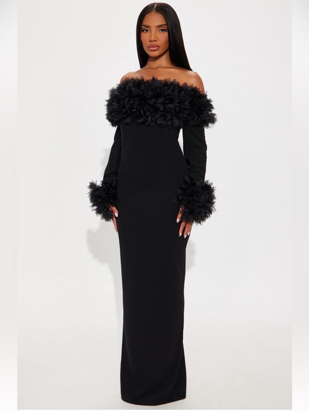 Fashion Nova Last Chance Dress Feather Trim Maxi Dress Black Long Sleeve SIZE S